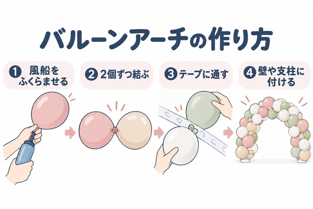 バルーンアーチの作り方の4ステップ（風船をふくらませる・2個ずつ結ぶ・テープに通す・壁や支柱に付ける）