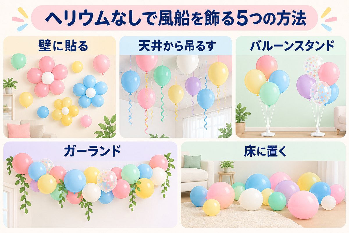 ヘリウムなしで風船を飾る5つの方法（壁に貼る・天井から吊るす・バルーンスタンド・ガーランド・床に置く）