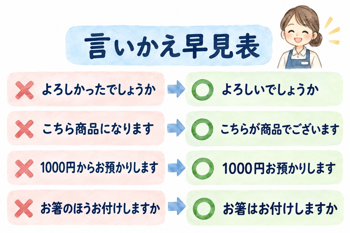 接客の言葉の言いかえ早見表（よろしかったでしょうか→よろしいでしょうか など）