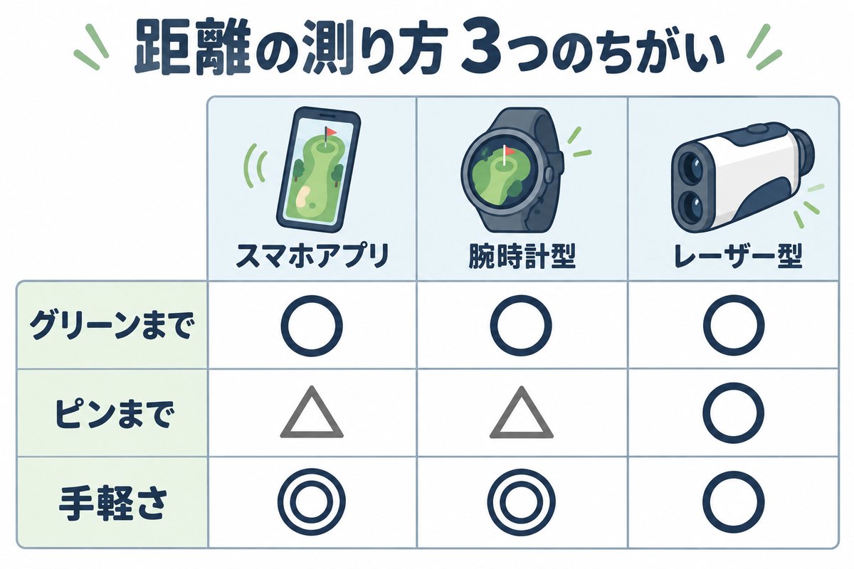 ゴルフの距離の測り方3つのちがい（スマホアプリ・腕時計型・レーザー型）
