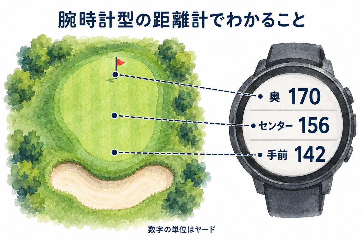 腕時計型のゴルフ距離計でわかるグリーンの手前・センター・奥までの距離