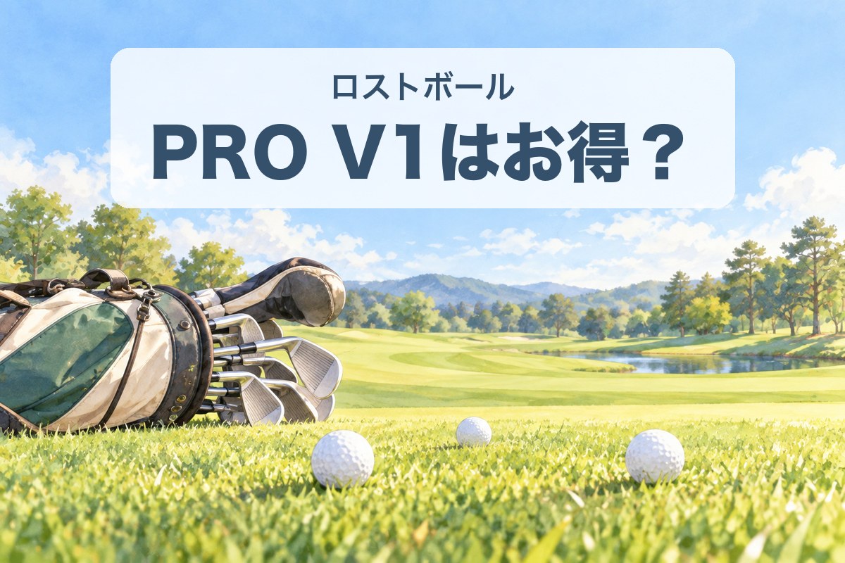 ゴルフ場の芝の上に白いゴルフボールとゴルフバッグがあるイラスト（PRO V1のロストボール）