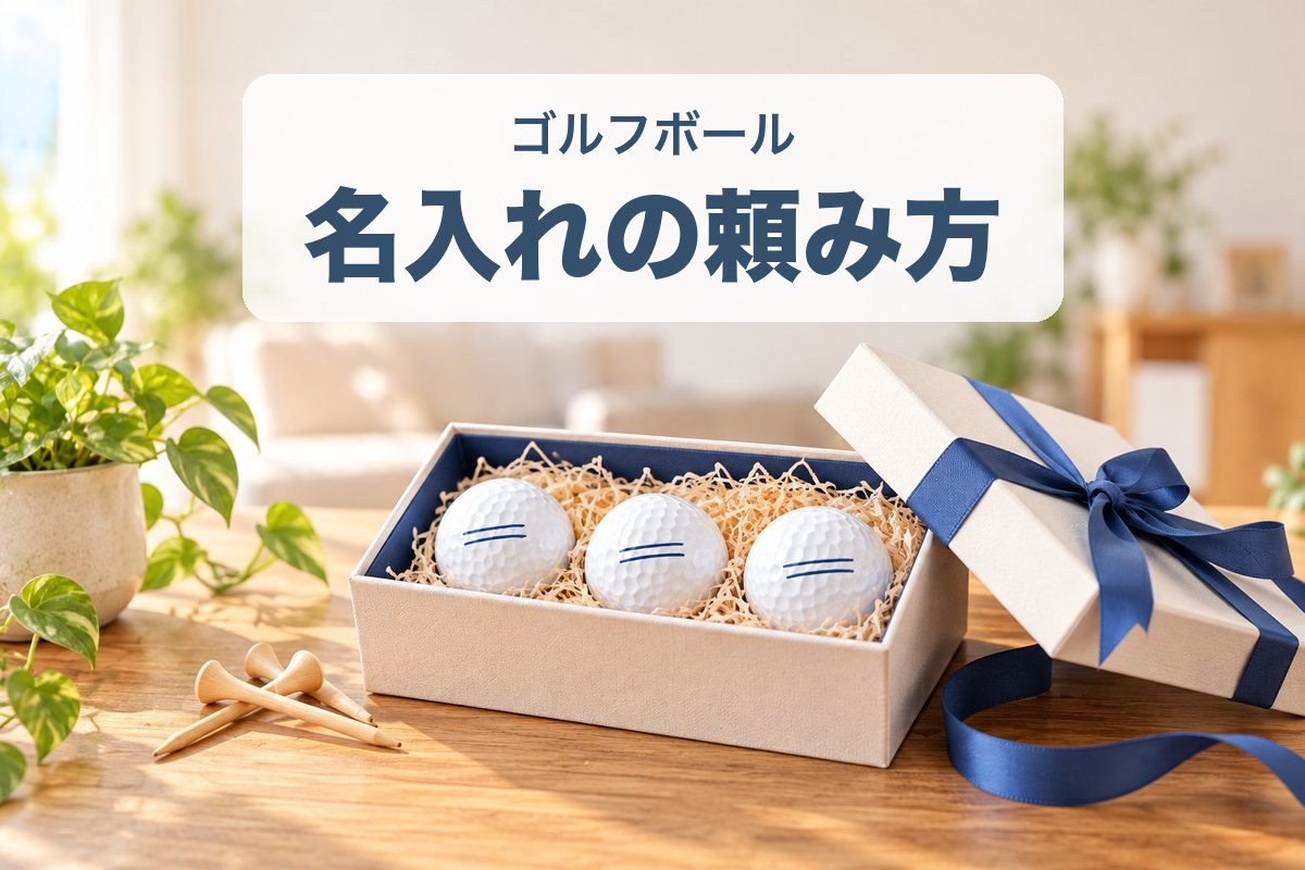 ギフトボックスに入った名入れゴルフボールとリボン