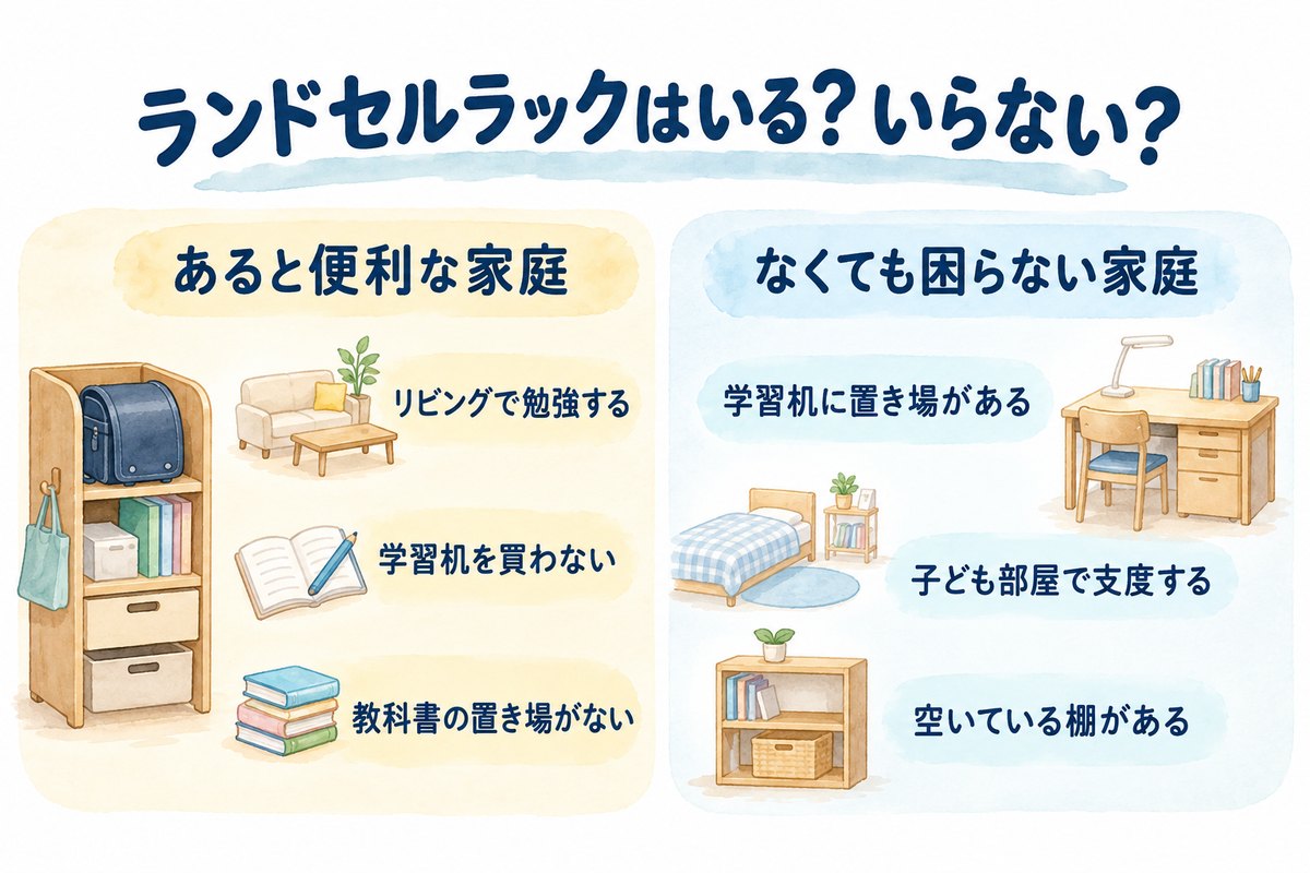 ランドセルラックがあると便利な家庭となくても困らない家庭の比較
