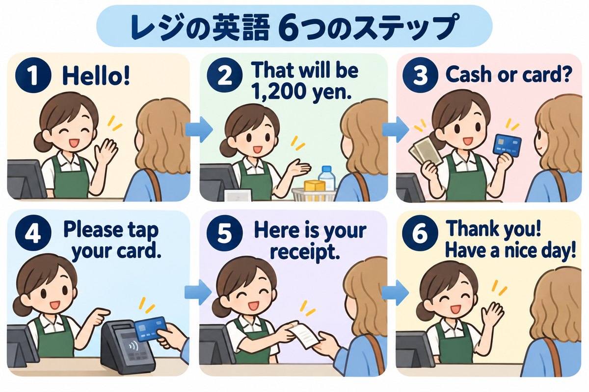 レジの英語6つのステップ（Hello・金額・Cash or card・カード・レシート・お見送り）