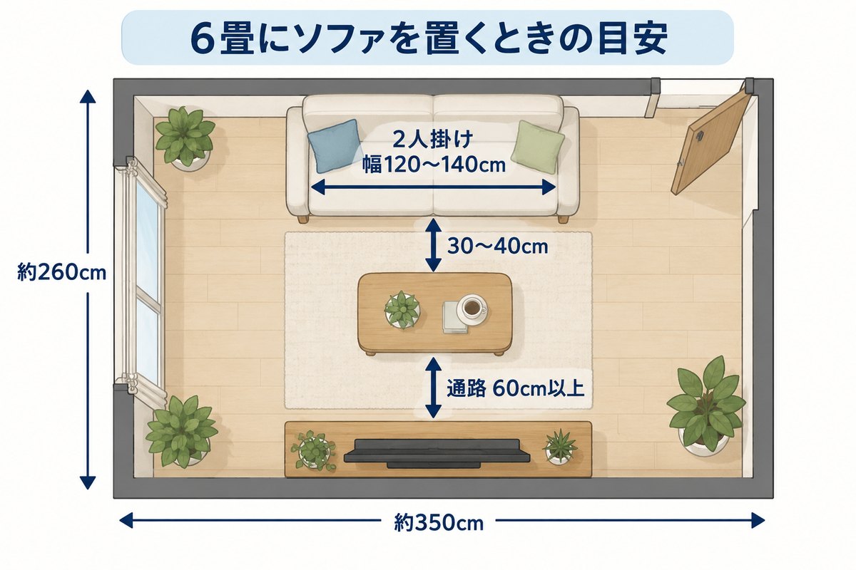 6畳にソファを置くときの目安（ソファの幅・テーブルまでの距離・通路の幅）
