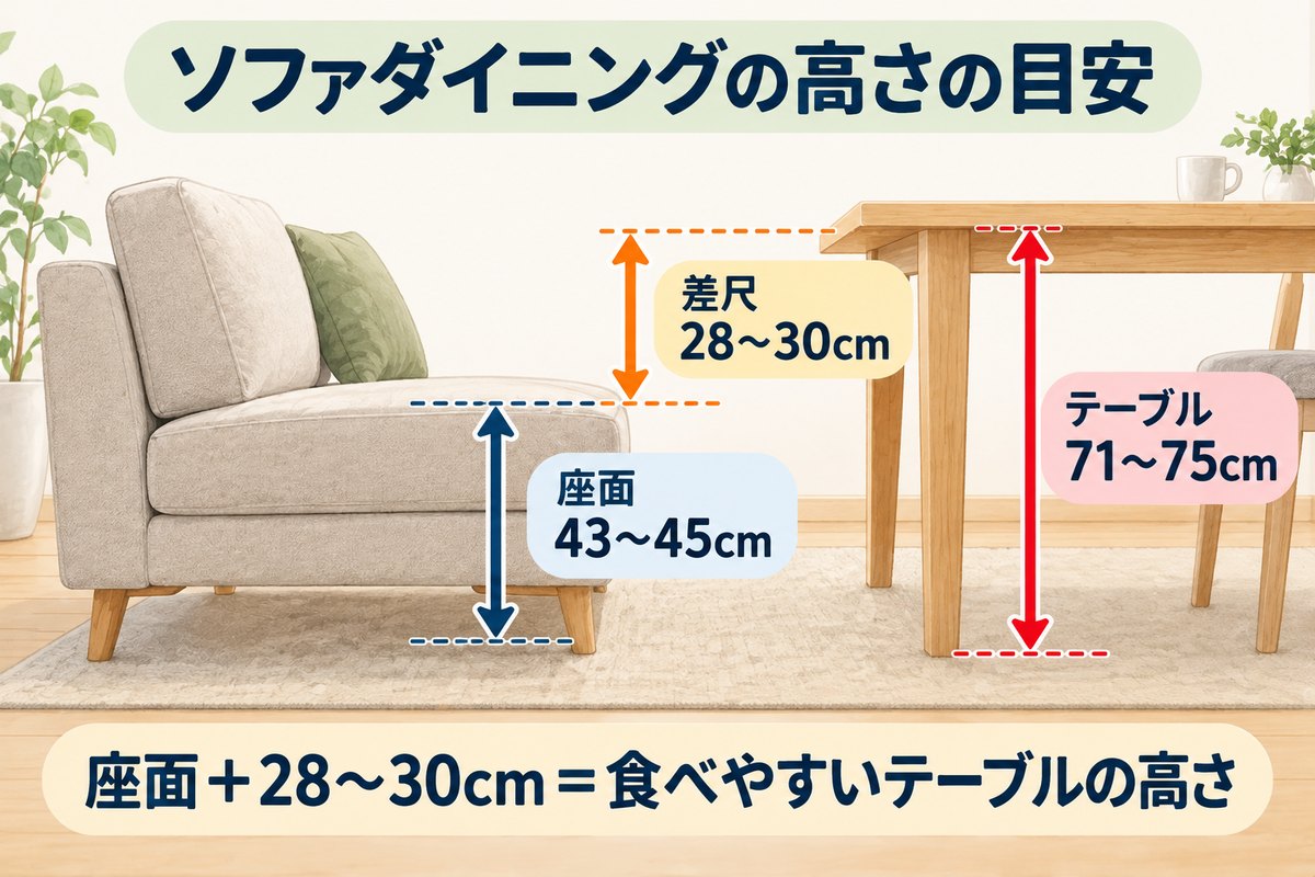 ニトリのソファダイニングの高さの目安（座面43〜45cm・テーブル71〜75cm・差尺28〜30cm）