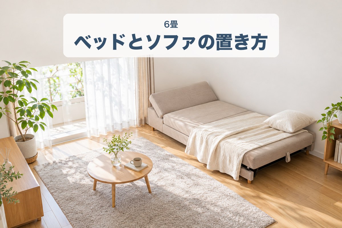 6畳のベッドとソファの置き方｜明るい部屋の壁ぞいに置いたソファベッドのイラスト