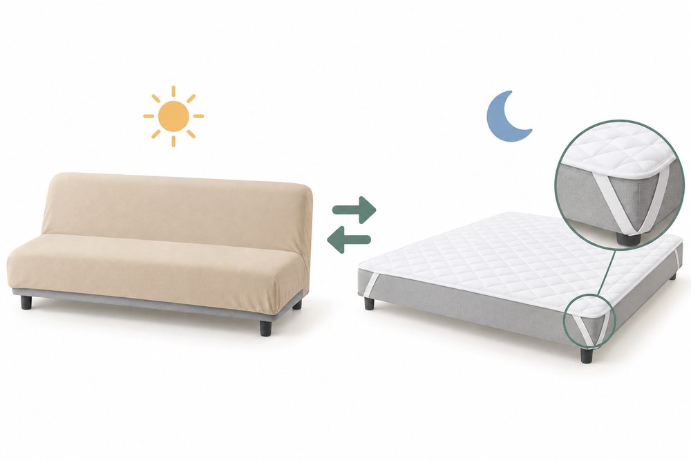 昼はソファカバー、夜は四隅ゴムの敷きパッドに替えるソファベッドの図