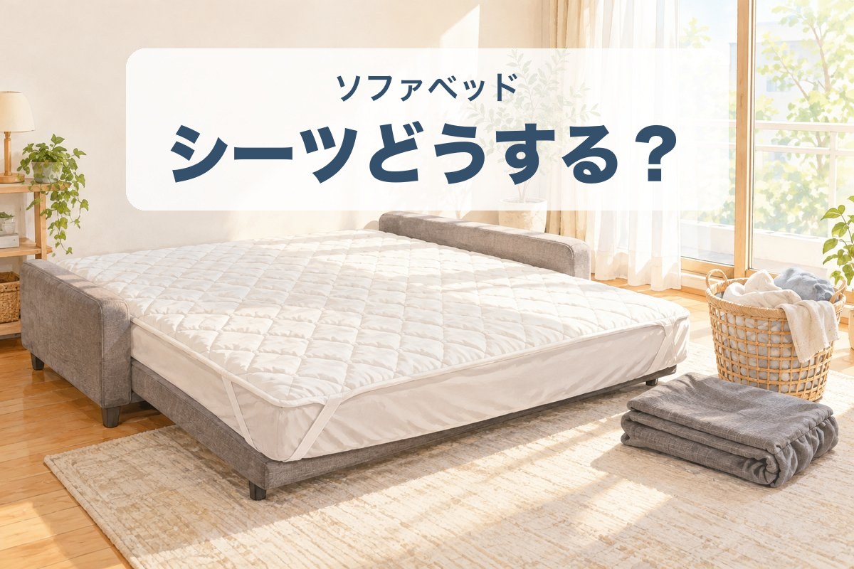 ベッドの形に広げたソファベッドに四隅ゴムの敷きパッドを敷いたイラスト