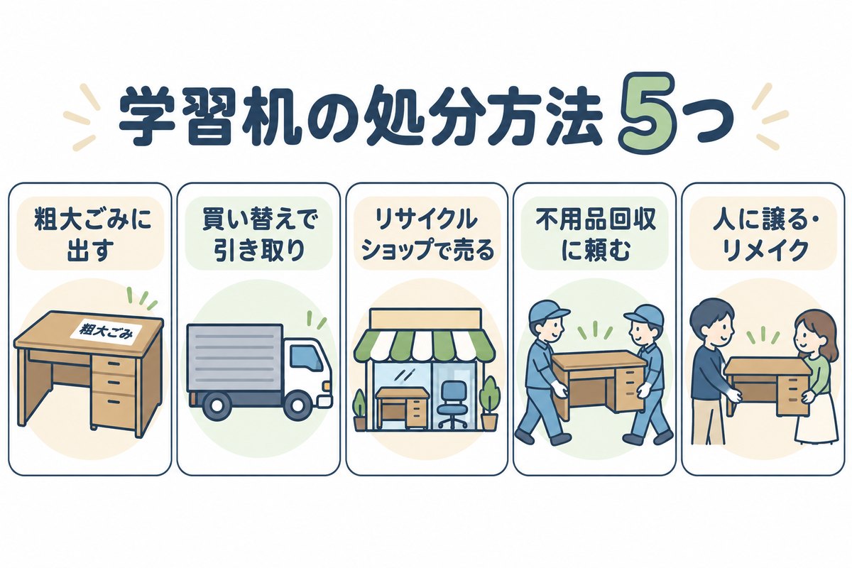学習机の処分方法5つ（粗大ごみ・買い替えで引き取り・リサイクルショップ・不用品回収・譲る）