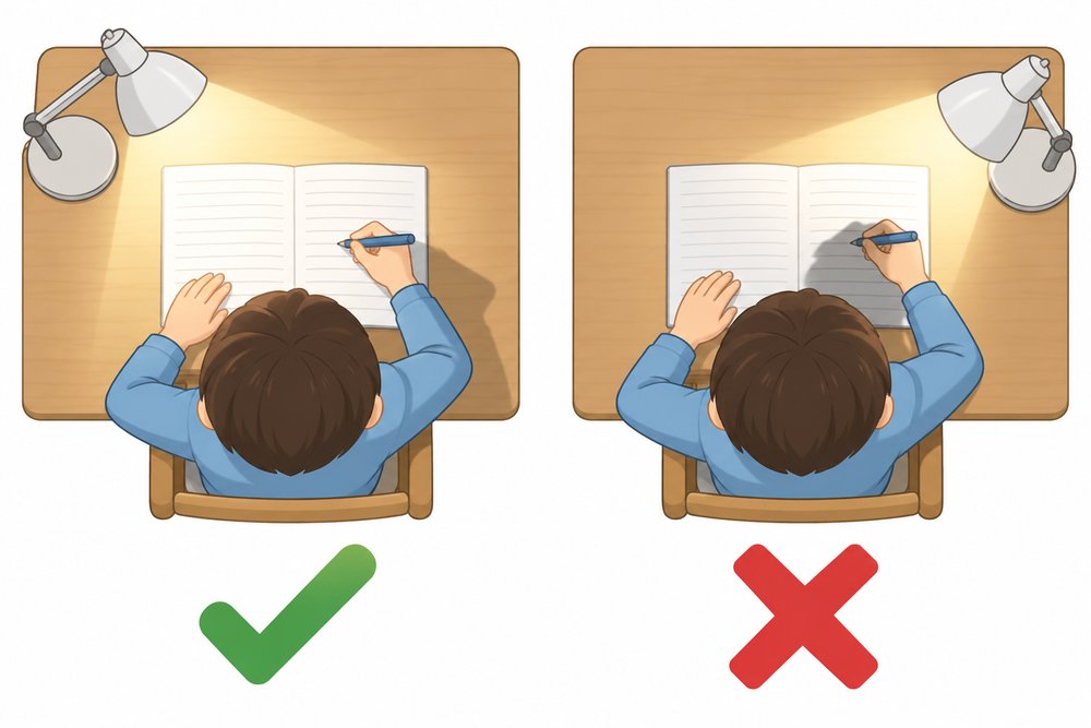 学習机のライトの置き方（右利きなら左側）